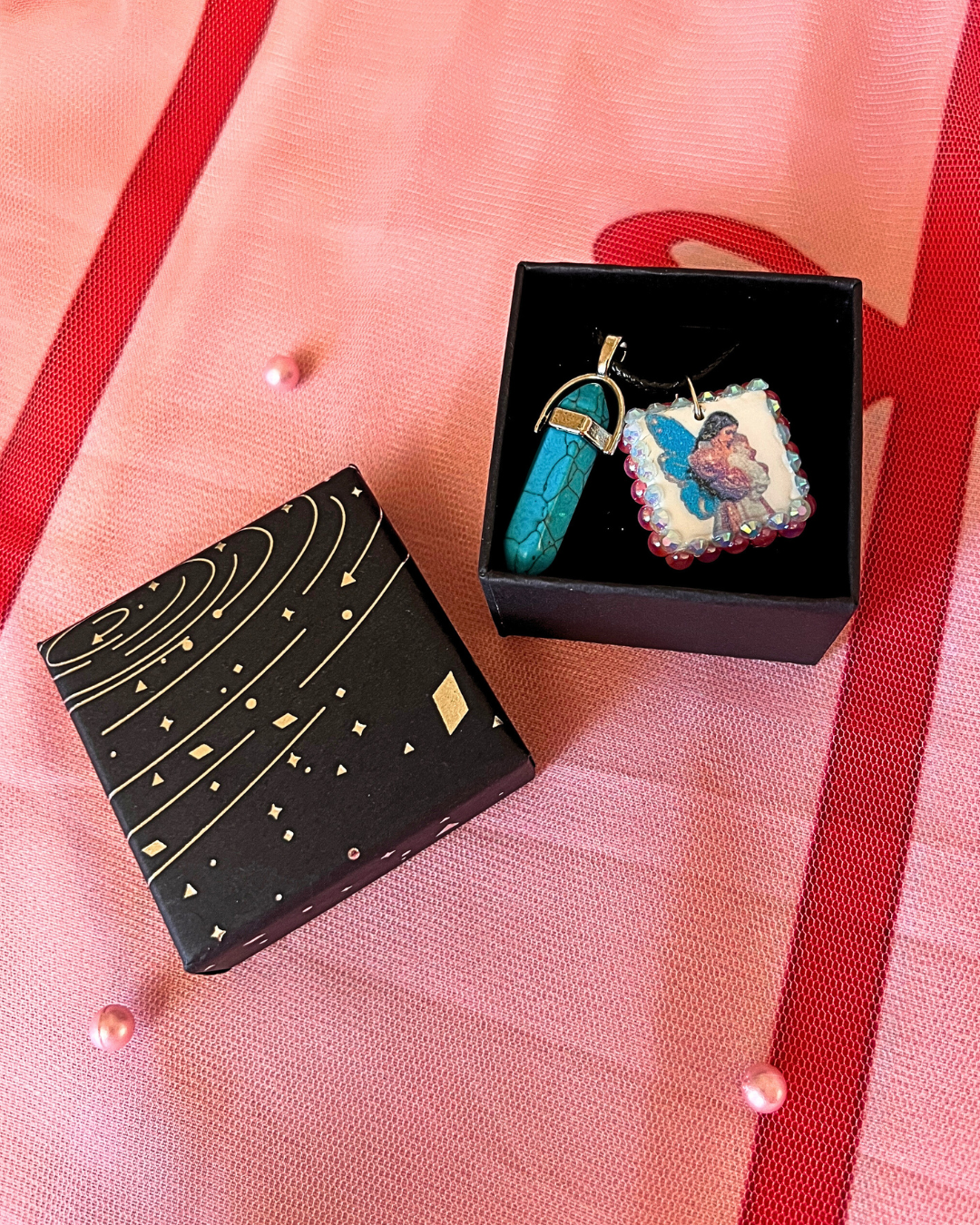 Pink + Blue Fairy Charm Necklace | Polymer Clay Pendant + Blue Gem