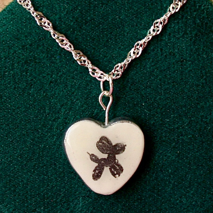 Balloon dog necklace — handmade black & white polymer clay balloon dog charm with metallic silver-black finish on 20" 925 sterling silver chain. Playful retro kidcore Y2K monochrome jewelry; gift-ready black celestial box. Ready to ship in 1–3 days.