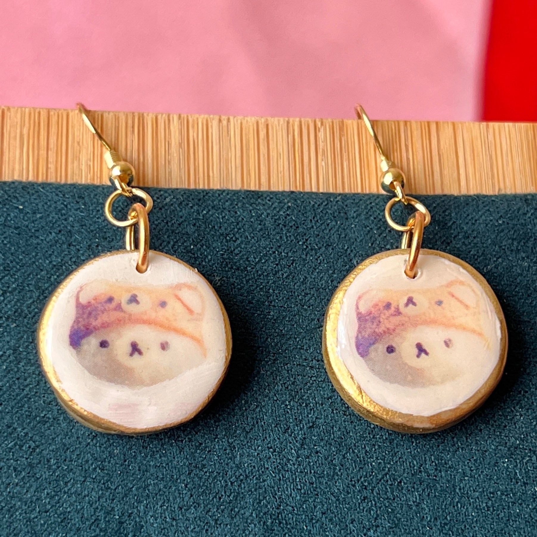 Handmade bear snack earrings – kawaii polymer‑clay trinket charms painted with metallic gold, featuring gold‑plated hypoallergenic hooks; perfect kawaii, snack, trinketcore, cute accessory jewelry.