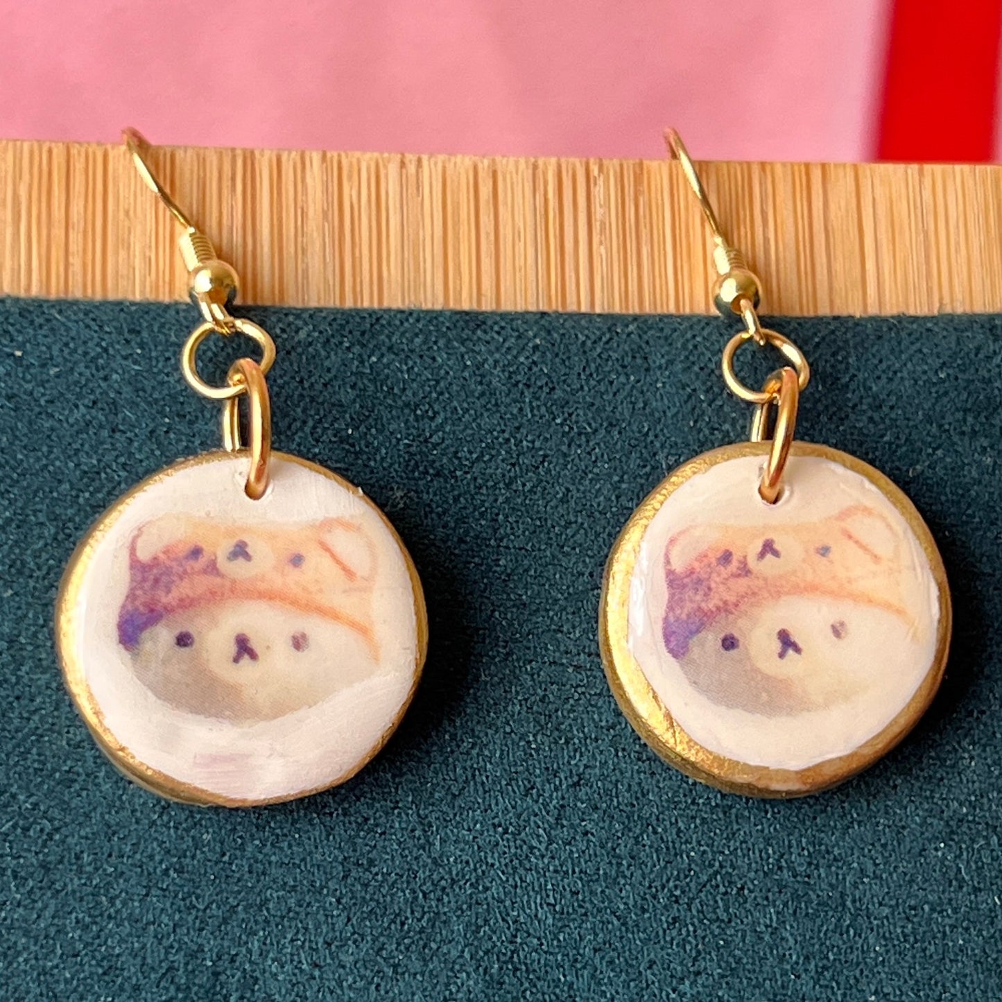 Handmade bear snack earrings – kawaii polymer‑clay trinket charms painted with metallic gold, featuring gold‑plated hypoallergenic hooks; perfect kawaii, snack, trinketcore, cute accessory jewelry.