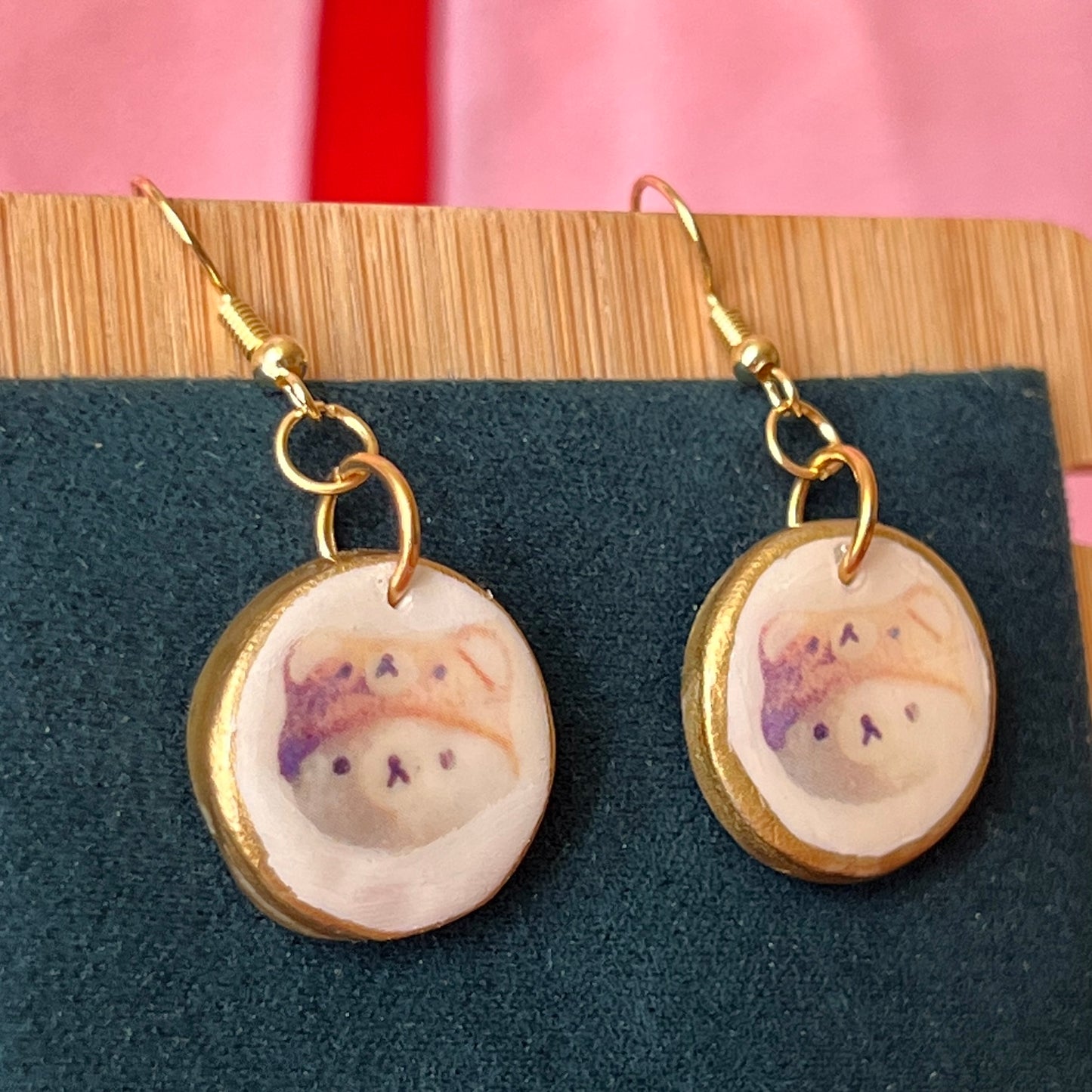 Handmade bear snack earrings – kawaii polymer‑clay trinket charms painted with metallic gold, featuring gold‑plated hypoallergenic hooks; perfect kawaii, snack, trinketcore, cute accessory jewelry.