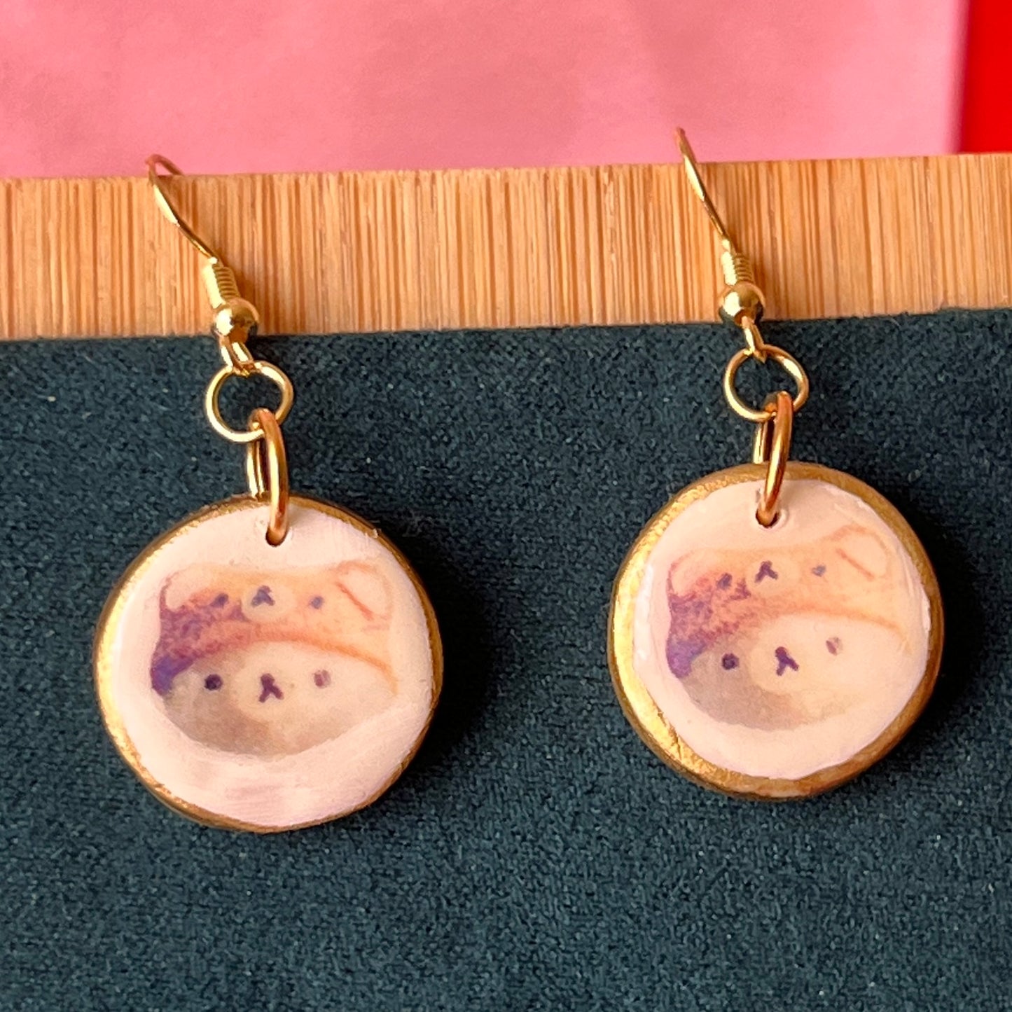 Handmade bear snack earrings – kawaii polymer‑clay trinket charms painted with metallic gold, featuring gold‑plated hypoallergenic hooks; perfect kawaii, snack, trinketcore, cute accessory jewelry.