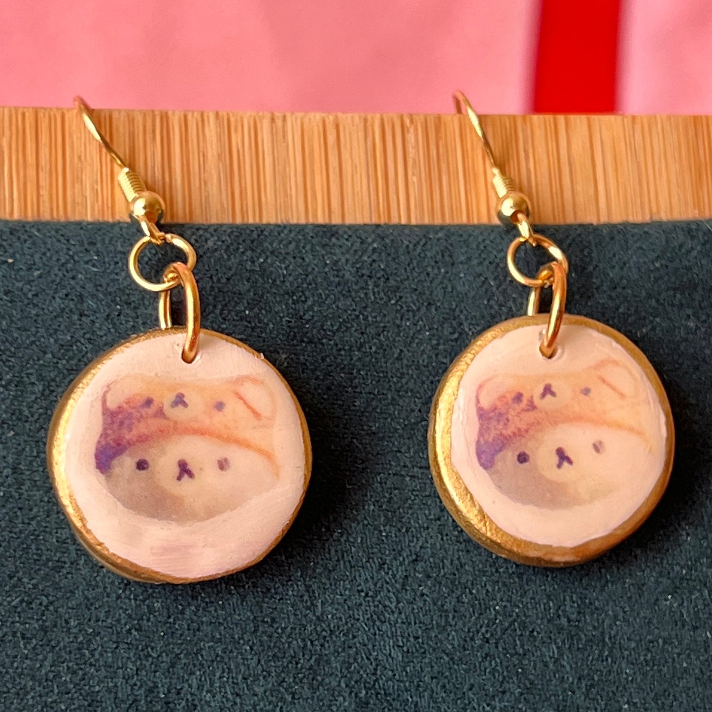 Handmade bear snack earrings – kawaii polymer‑clay trinket charms painted with metallic gold, featuring gold‑plated hypoallergenic hooks; perfect kawaii, snack, trinketcore, cute accessory jewelry.