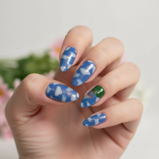 Blue Skies False Nails | Hand-Painted Cloud + Meadow Design