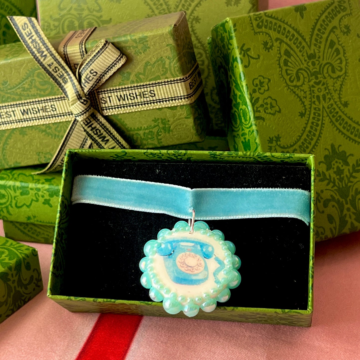 Blue Velvet Retro Phone Necklace | Polymer Clay Phone Charm Choker | Olive Made