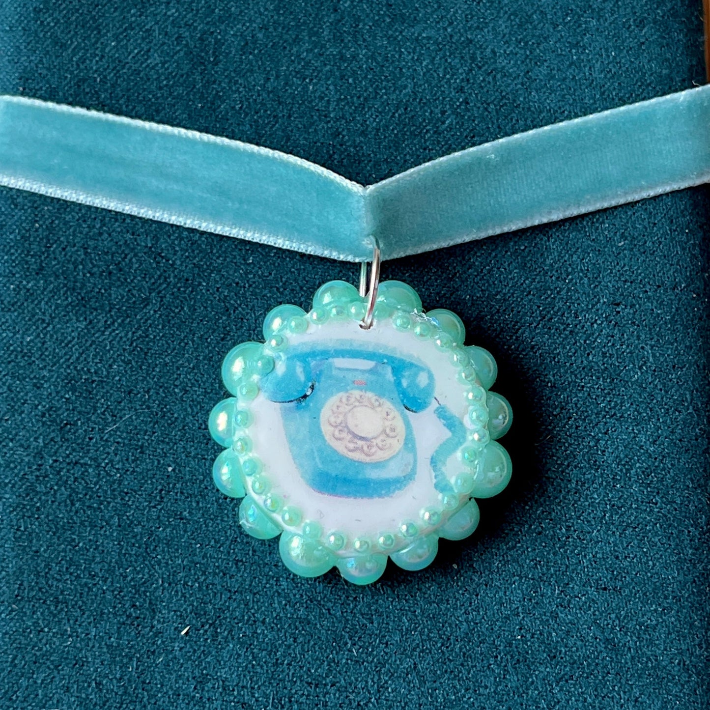 Blue Velvet Retro Phone Necklace | Polymer Clay Phone Charm Choker | Olive Made
