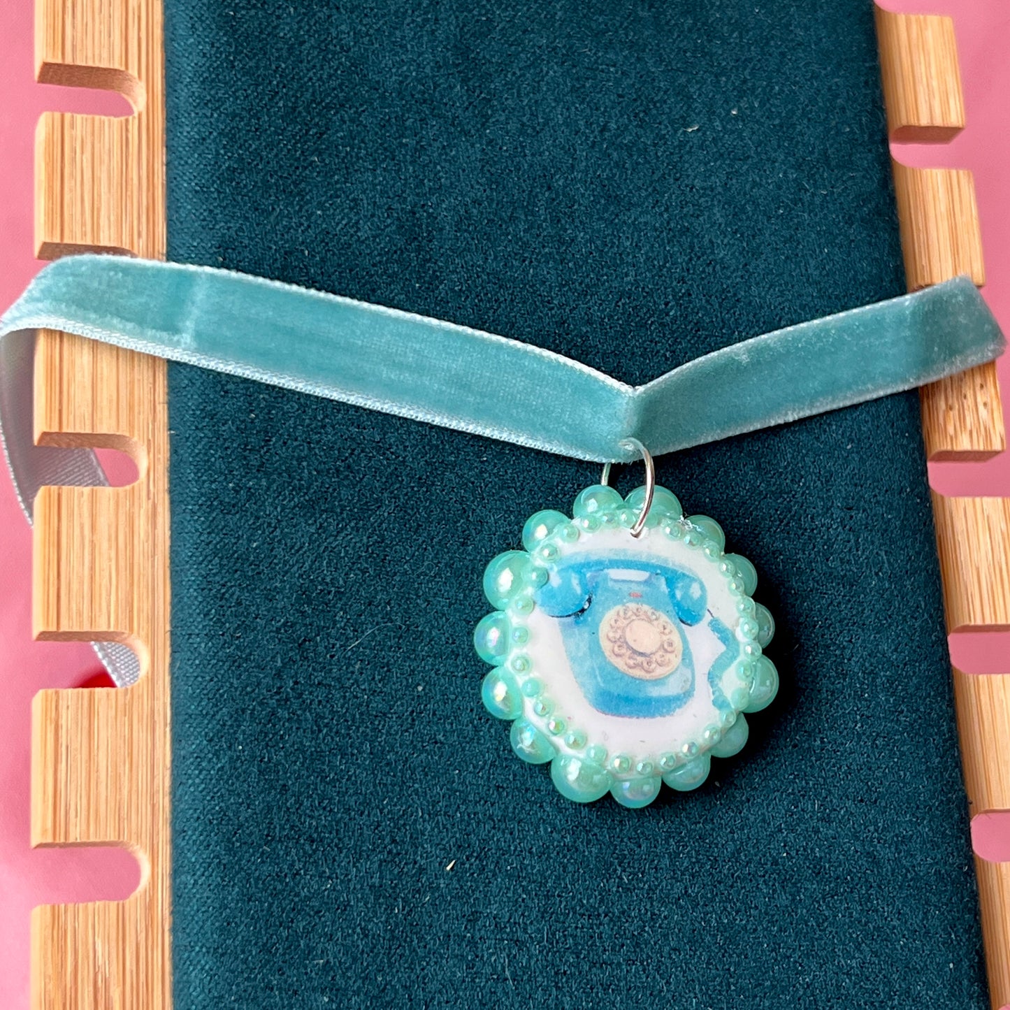 Blue Velvet Retro Phone Necklace | Polymer Clay Phone Charm Choker | Olive Made