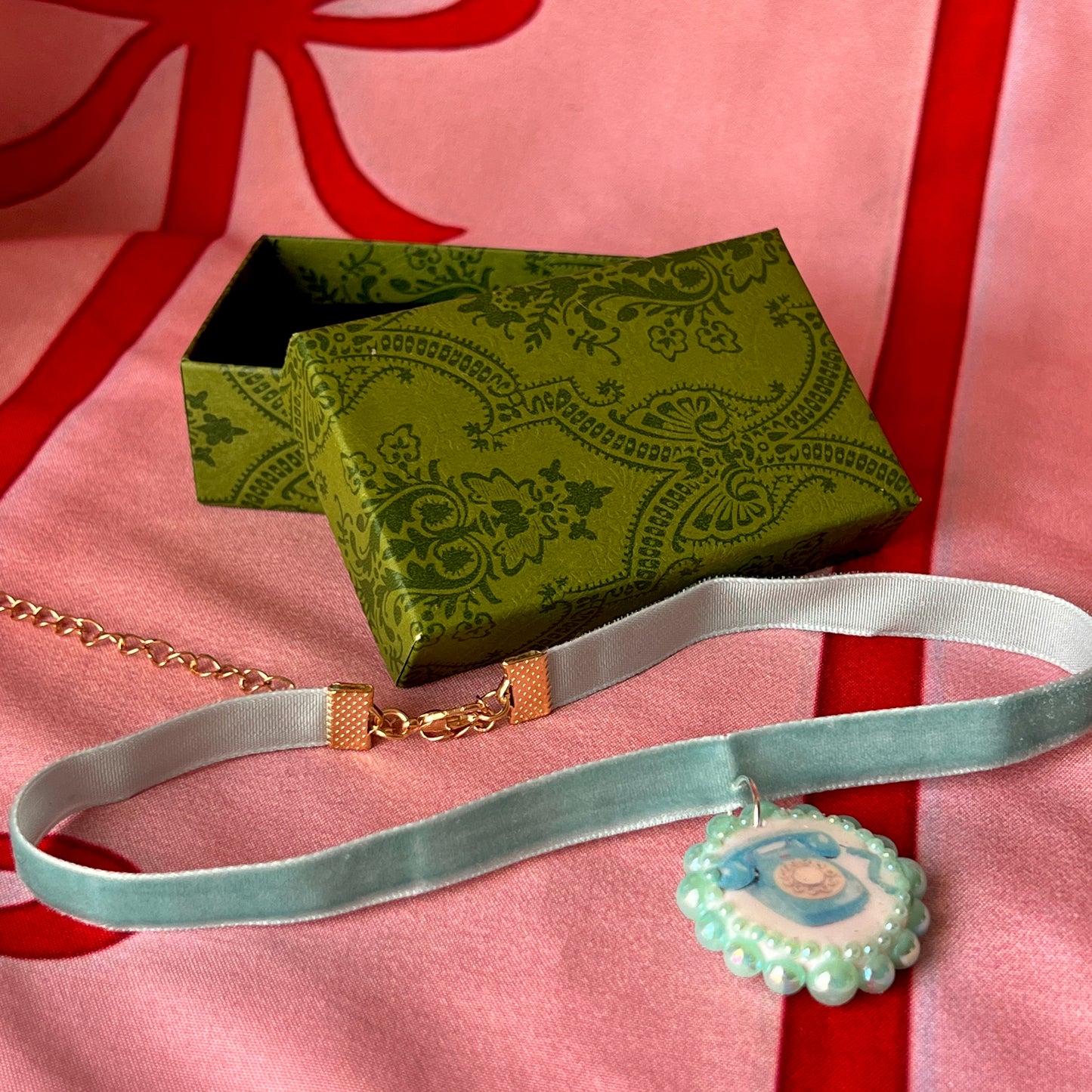 Blue Velvet Retro Phone Necklace | Polymer Clay Phone Charm Choker | Olive Made