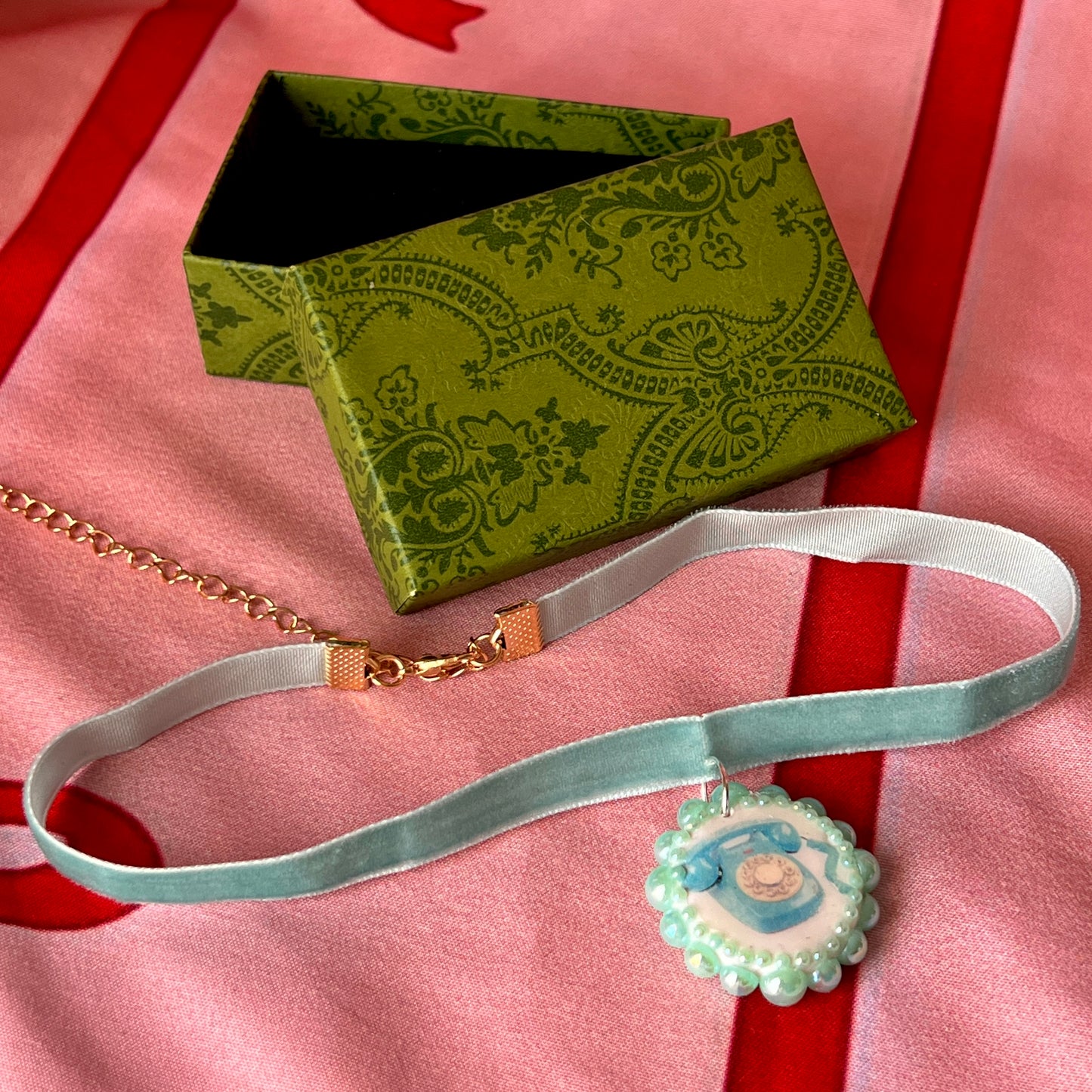 Blue Velvet Retro Phone Necklace | Polymer Clay Phone Charm Choker | Olive Made