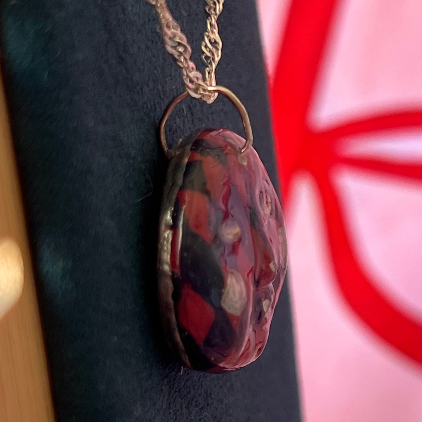 Burgundy Harlequin Mask Necklace | Hand Painted Clay Charm | 925 Sterling Silver Chain | Theater Inspired Jewelry