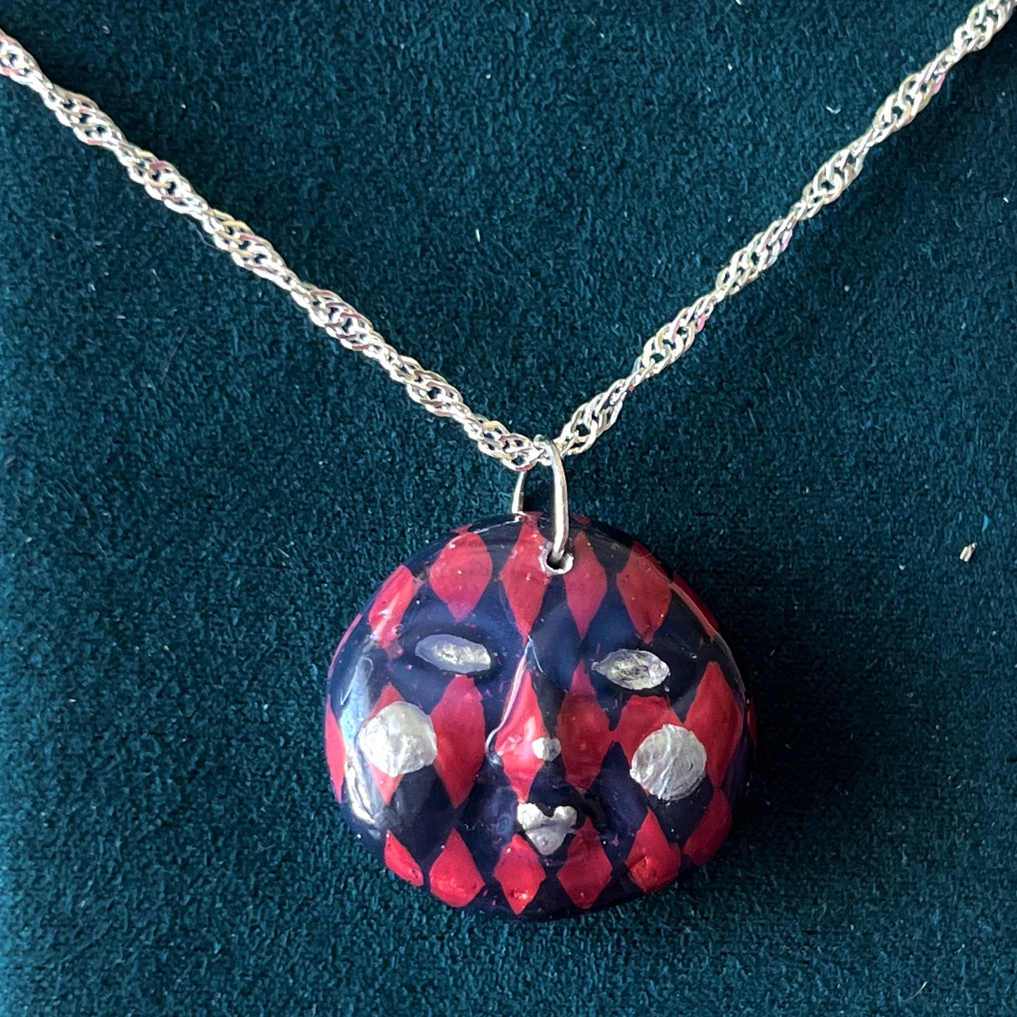 Burgundy Harlequin Mask Necklace | Hand Painted Clay Charm | 925 Sterling Silver Chain | Theater Inspired Jewelry