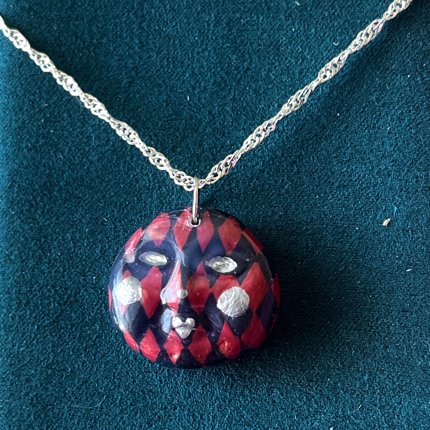 Burgundy Harlequin Mask Necklace | Hand Painted Clay Charm | 925 Sterling Silver Chain | Theater Inspired Jewelry