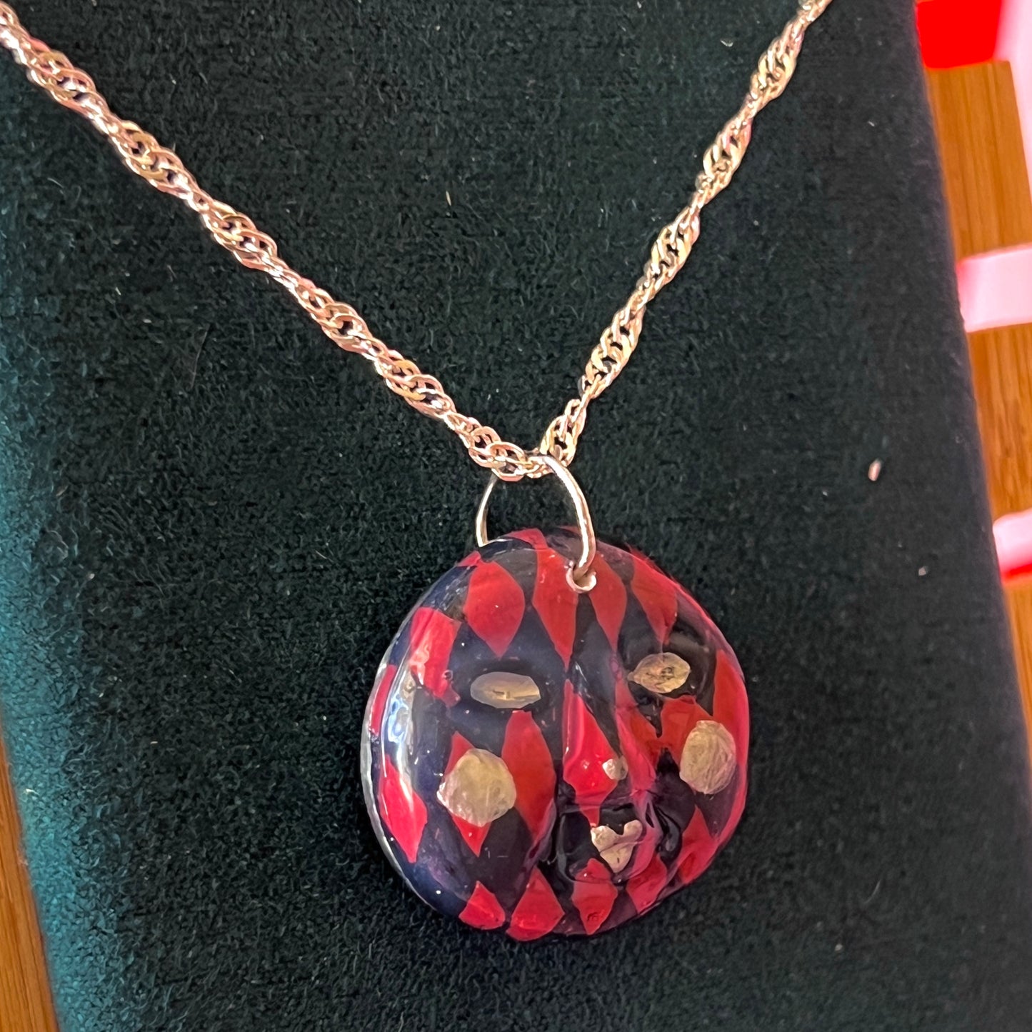 Burgundy Harlequin Mask Necklace | Hand Painted Clay Charm | 925 Sterling Silver Chain | Theater Inspired Jewelry