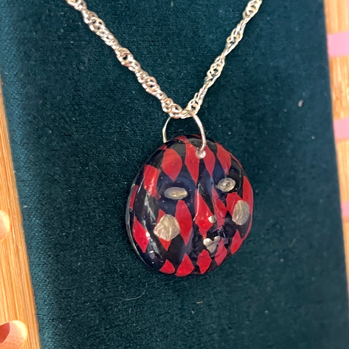 Burgundy Harlequin Mask Necklace | Hand Painted Clay Charm | 925 Sterling Silver Chain | Theater Inspired Jewelry