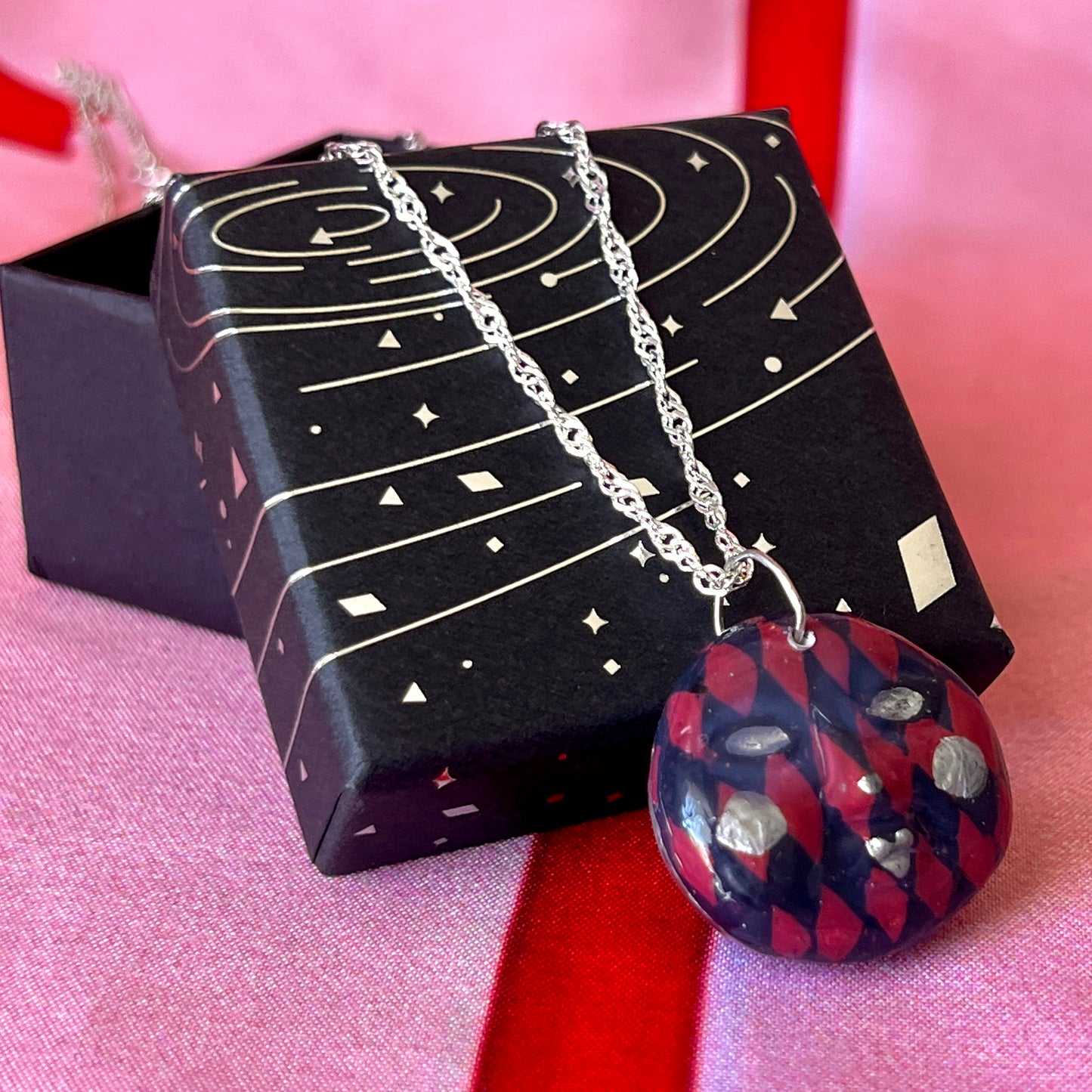 Burgundy Harlequin Mask Necklace | Hand Painted Clay Charm | 925 Sterling Silver Chain | Theater Inspired Jewelry
