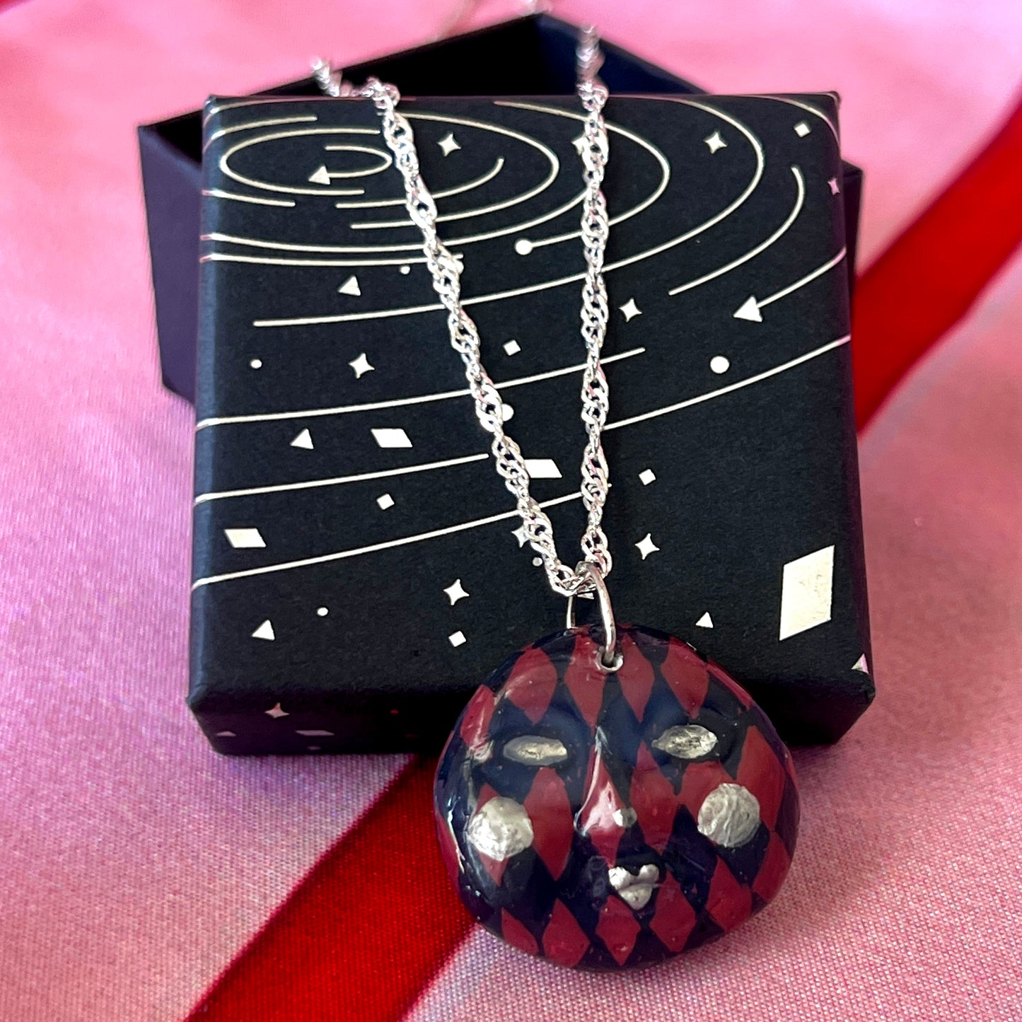 Burgundy Harlequin Mask Necklace | Hand Painted Clay Charm | 925 Sterling Silver Chain | Theater Inspired Jewelry