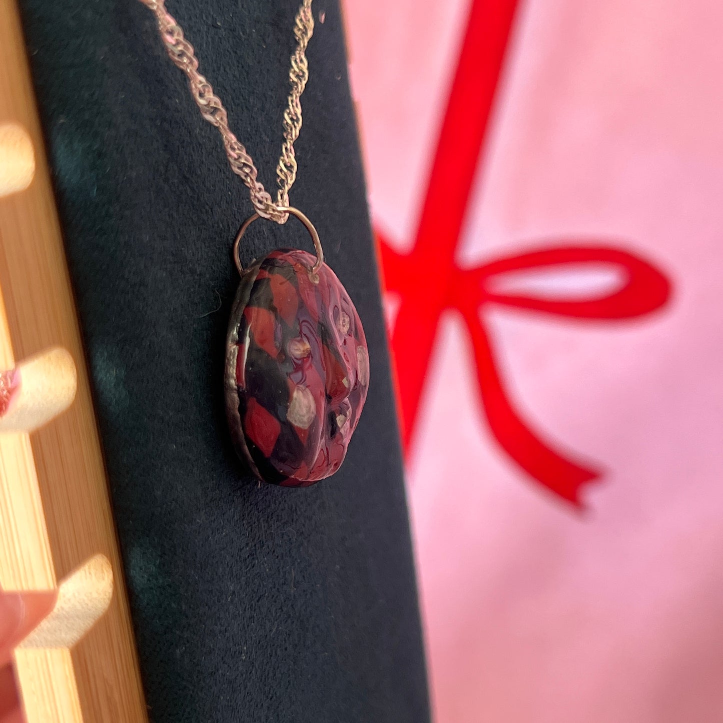 Burgundy Harlequin Mask Necklace | Hand Painted Clay Charm | 925 Sterling Silver Chain | Theater Inspired Jewelry