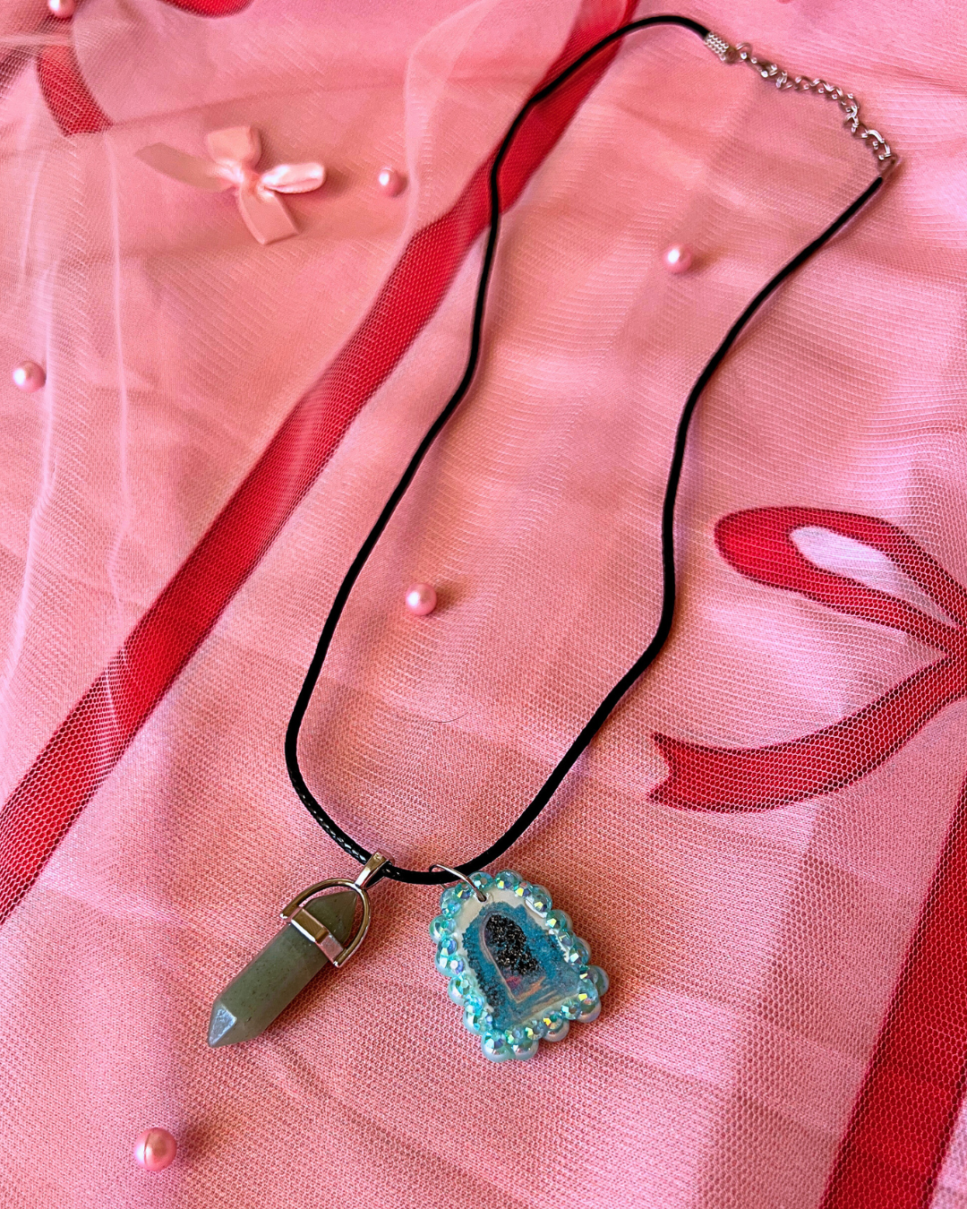Magical Archway Charm Necklace | Polymer Clay | Iridescent Pearl Portal Pendant + Blue Gem Charm