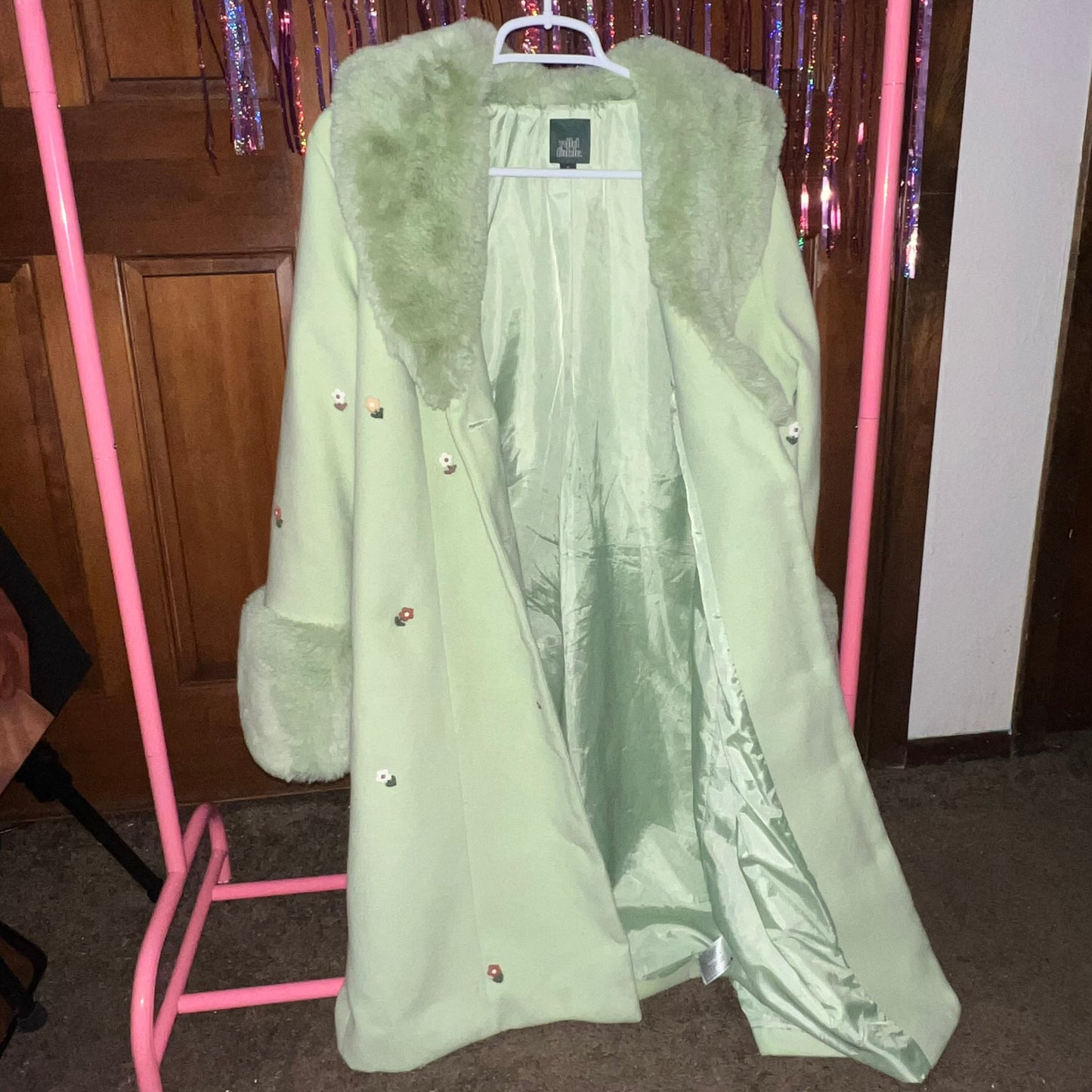 upcycled peacoat jacket, pastel green jacket, floral patch coat, faux fur cuff jacket, coquette coat, fairycore outerwear, whimsigoth jacket, statement outerwear, size medium coat, sustainable fashion, slow fashion, unique peacoat, pastel coat, handmade patch jacket, one of a kind coat, vintage inspired outerwear, lime green jacket, cute winter coat, spring outerwear, romantic outerwear