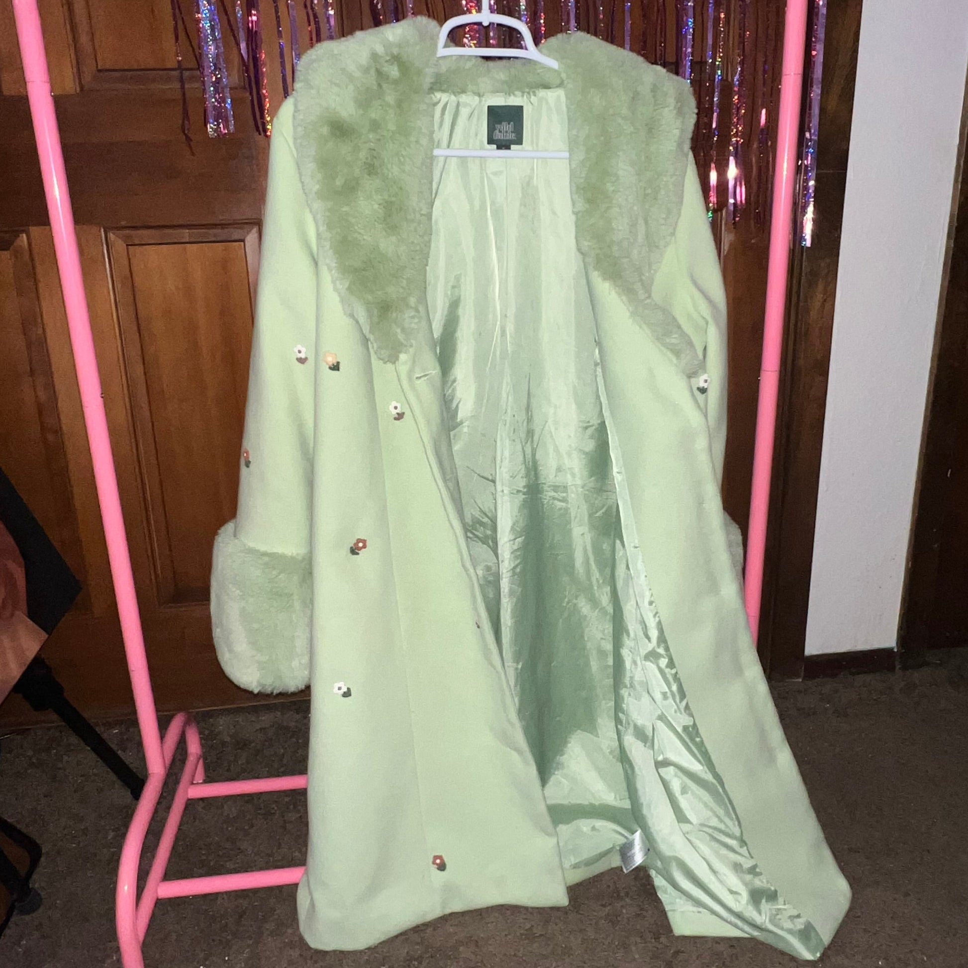 upcycled peacoat jacket, pastel green jacket, floral patch coat, faux fur cuff jacket, coquette coat, fairycore outerwear, whimsigoth jacket, statement outerwear, size medium coat, sustainable fashion, slow fashion, unique peacoat, pastel coat, handmade patch jacket, one of a kind coat, vintage inspired outerwear, lime green jacket, cute winter coat, spring outerwear, romantic outerwear