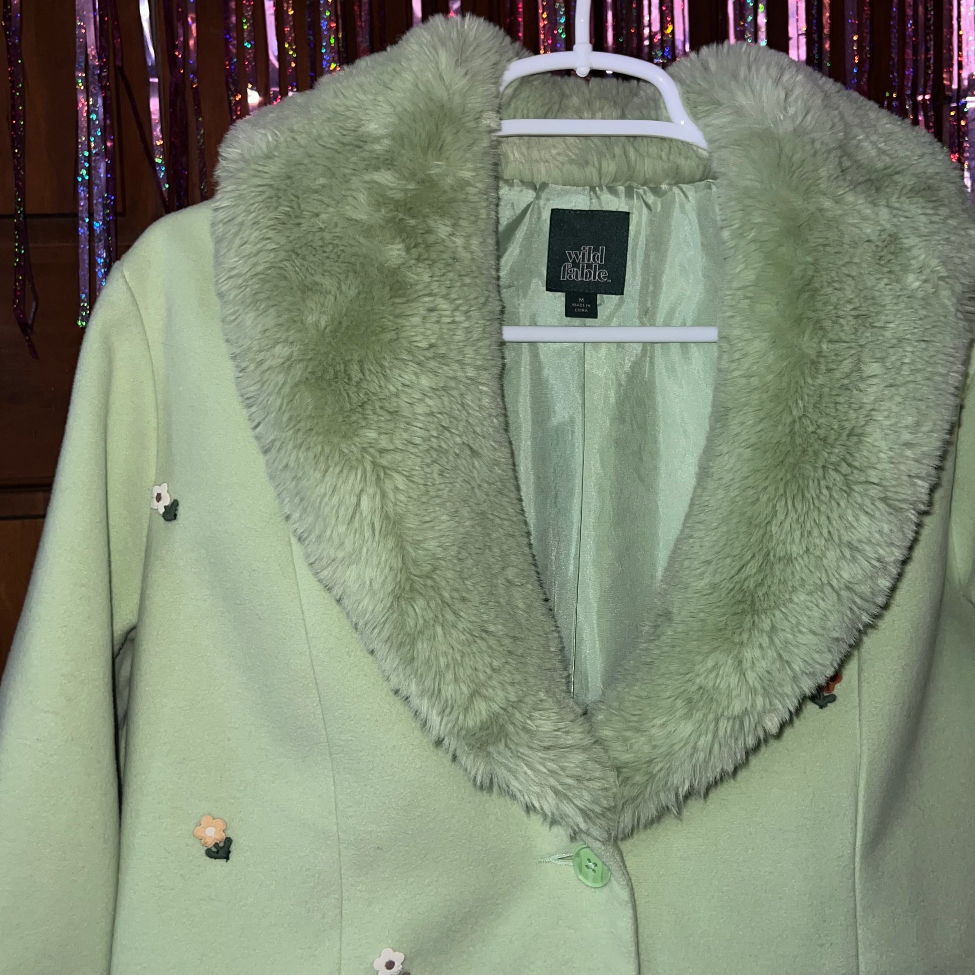 upcycled peacoat jacket, pastel green jacket, floral patch coat, faux fur cuff jacket, coquette coat, fairycore outerwear, whimsigoth jacket, statement outerwear, size medium coat, sustainable fashion, slow fashion, unique peacoat, pastel coat, handmade patch jacket, one of a kind coat, vintage inspired outerwear, lime green jacket, cute winter coat, spring outerwear, romantic outerwear