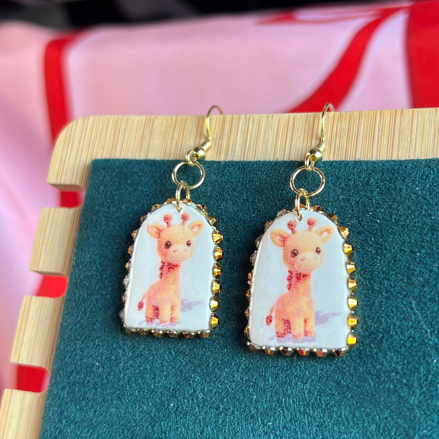 giraffe earrings, animal earrings, plush earrings, kawaii earrings, indie earrings, plushcore jewelry, maximalist earrings, polymer clay earrings, handmade earrings, clay statement earrings, rhinestone earrings, 14k gold plated earrings, cute animal earrings, novelty earrings, whimsical earrings, liminal jewelry, Olive Made jewelry, wearable art earrings, handmade giraffe jewelry, kawaii jewelry, indie jewelry, ready to ship earrings