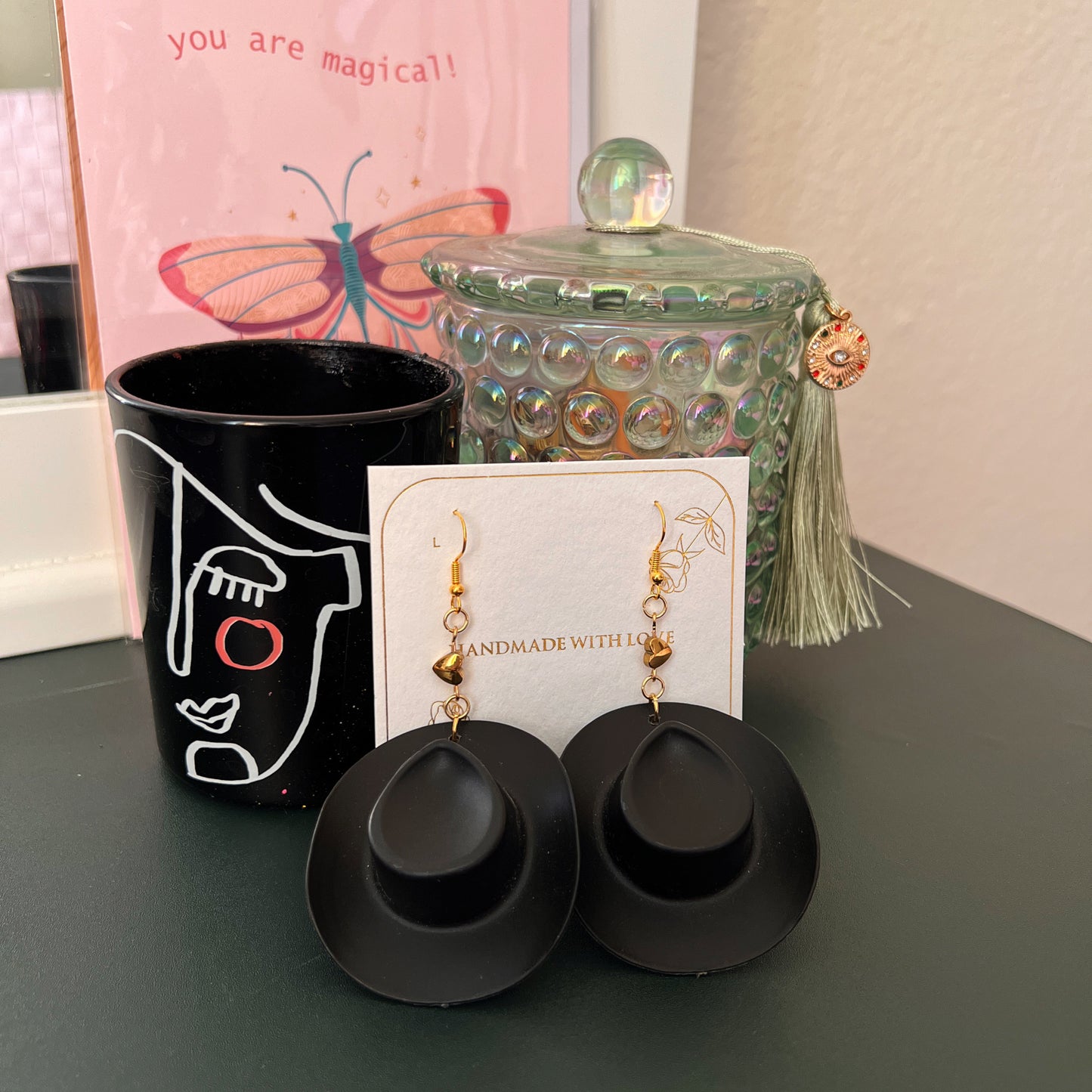 Opal, Rose Quartz, & Pink Agate “Cunty Crystal Cowgirl” - Y2k Real Crystal, Stone, and Cowboy Hat Earrings  - Olive Made