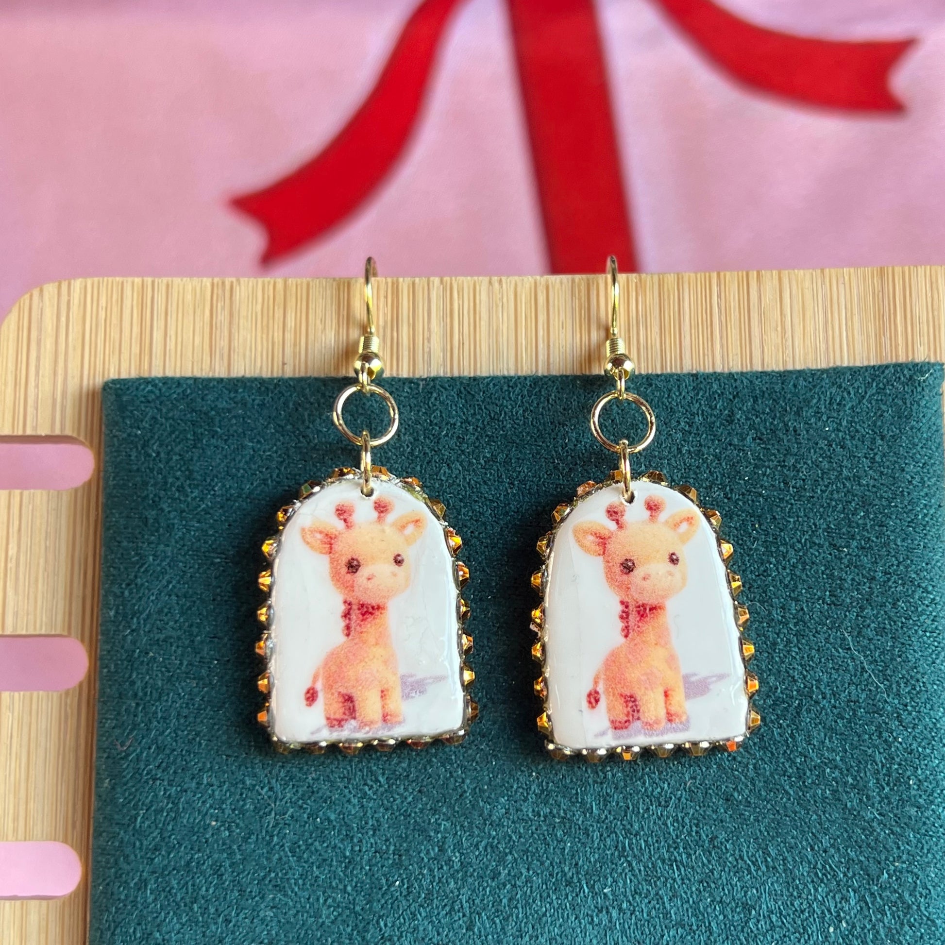 giraffe earrings, animal earrings, plush earrings, kawaii earrings, indie earrings, plushcore jewelry, maximalist earrings, polymer clay earrings, handmade earrings, clay statement earrings, rhinestone earrings, 14k gold plated earrings, cute animal earrings, novelty earrings, whimsical earrings, liminal jewelry, Olive Made jewelry, wearable art earrings, handmade giraffe jewelry, kawaii jewelry, indie jewelry, ready to ship earrings
