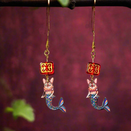 The Baroque Mermaid Cat Earrings – Limited Edition Artisan Charm Earrings