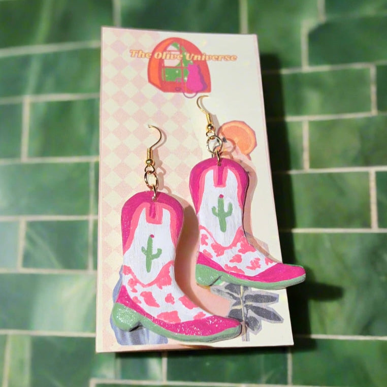 Cactus Cowprint Boots - Handmade & Hand Painted Charm Earrings - Olive Made