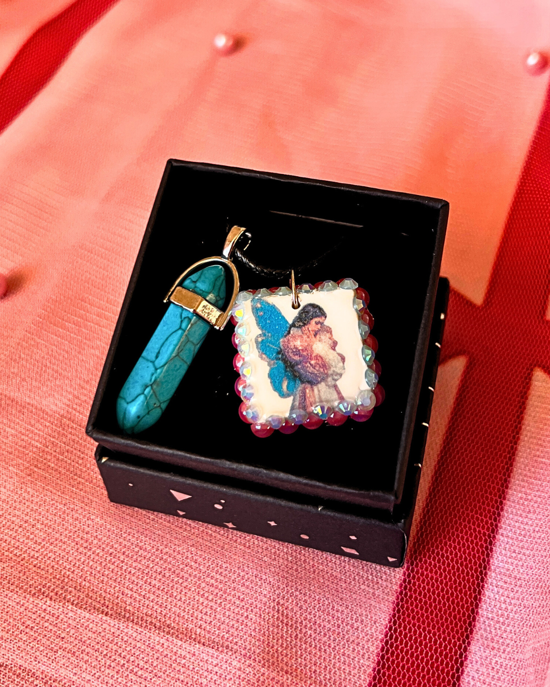 Pink + Blue Fairy Charm Necklace | Polymer Clay Pendant + Blue Gem