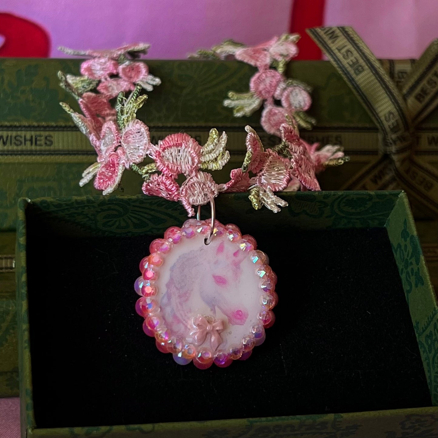 Unicorn Bow Charm Lace Flower Choker Necklace | Pastel Pink Pearl Variations | Olive Made