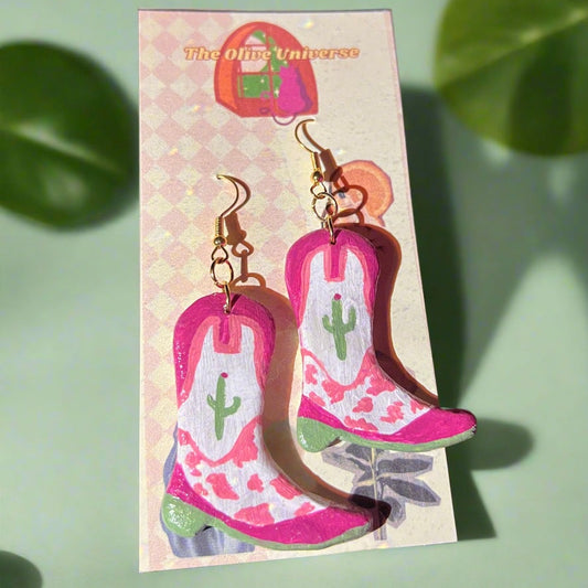 Cactus Cowprint Boots - Handmade & Hand Painted Charm Earrings - Olive Made