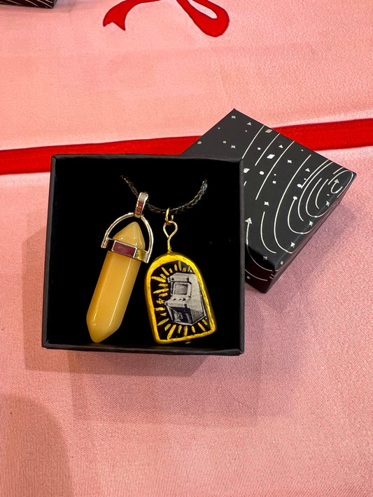 Retro Pendant Necklace | Faux Leather Chain | Hand Sculpted Clay Charm | Gold Accents | Nostalgic Statement Jewelry