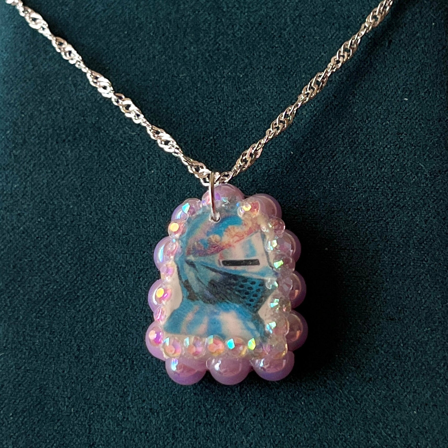Lavender knight charm necklace — handmade polymer clay lavender knight pendant bedazzled with iridescent beads on 20" 925 silver chain. Gift-ready green Victorian-patterned box. Whimsigoth fairycore coquette cottagecore Y2K charm necklace; ready to ship in 1–3 days.