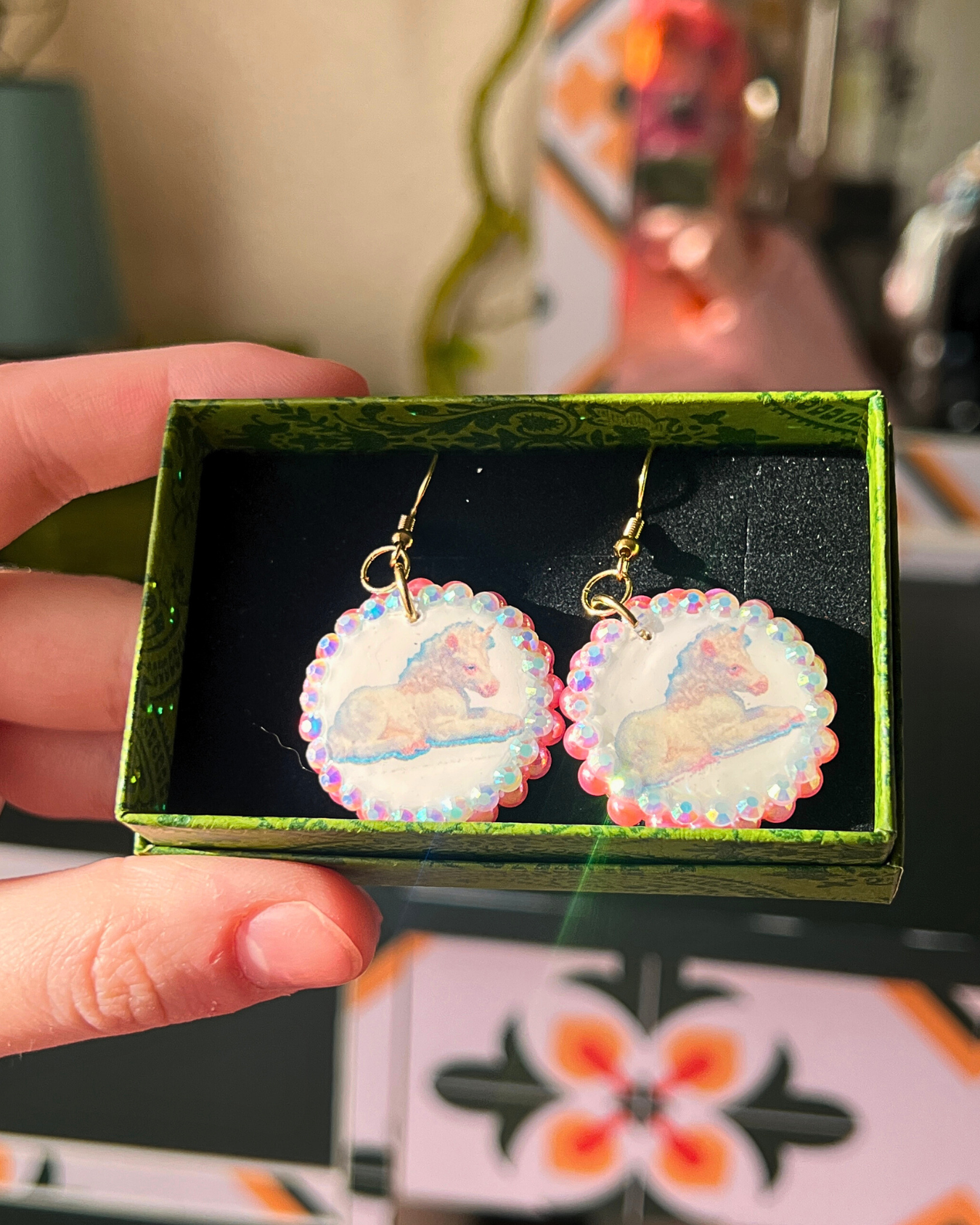 Unicorn Bedazzled Earrings | Handmade Polymer Clay Earrings | Iridescent Rhinestone Dangle Earrings | Y2K Fairycore Jewelry | Gift Ready