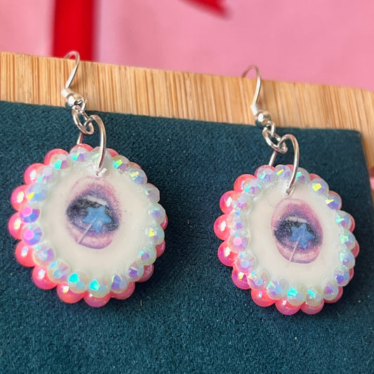 Y2K Star Pop Lip Charm Earrings | Iridescent Pink Beaded Earrings