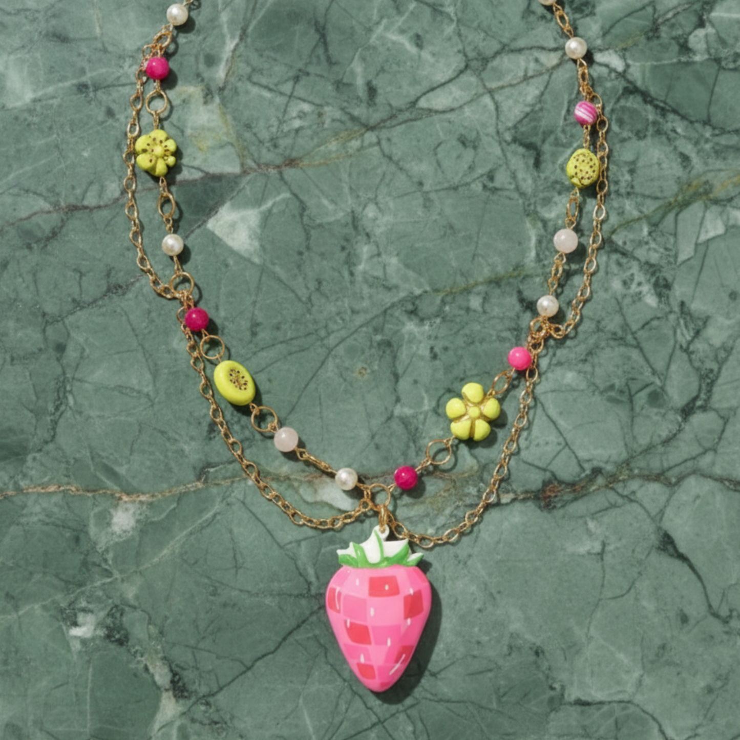 Disco Fields Necklace — Rose Quartz, Agate, Faux Pearls, Baroque Beads