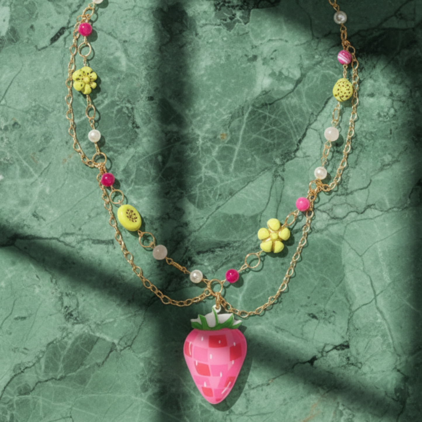 Disco Fields Necklace — Rose Quartz, Agate, Faux Pearls, Baroque Beads