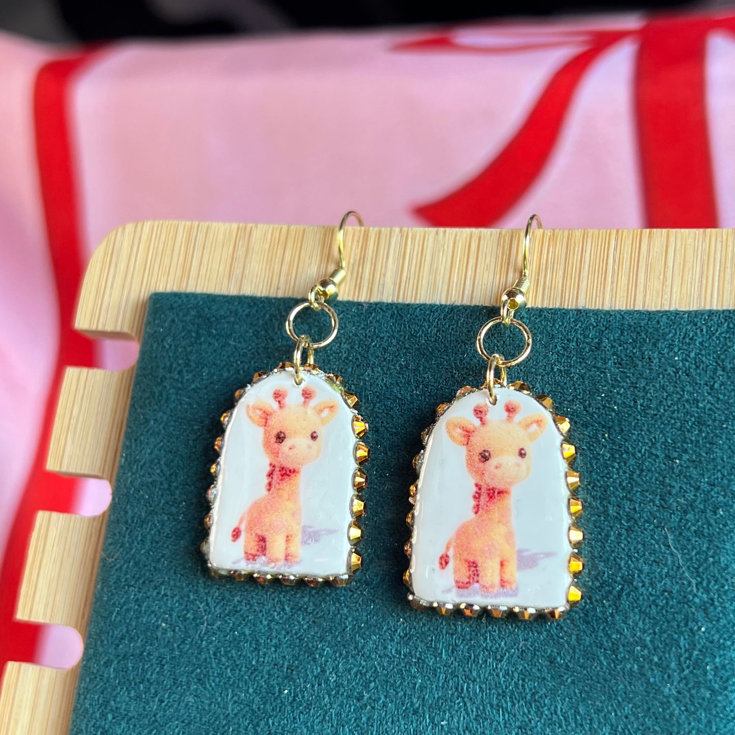 giraffe earrings, animal earrings, plush earrings, kawaii earrings, indie earrings, plushcore jewelry, maximalist earrings, polymer clay earrings, handmade earrings, clay statement earrings, rhinestone earrings, 14k gold plated earrings, cute animal earrings, novelty earrings, whimsical earrings, liminal jewelry, Olive Made jewelry, wearable art earrings, handmade giraffe jewelry, kawaii jewelry, indie jewelry, ready to ship earrings