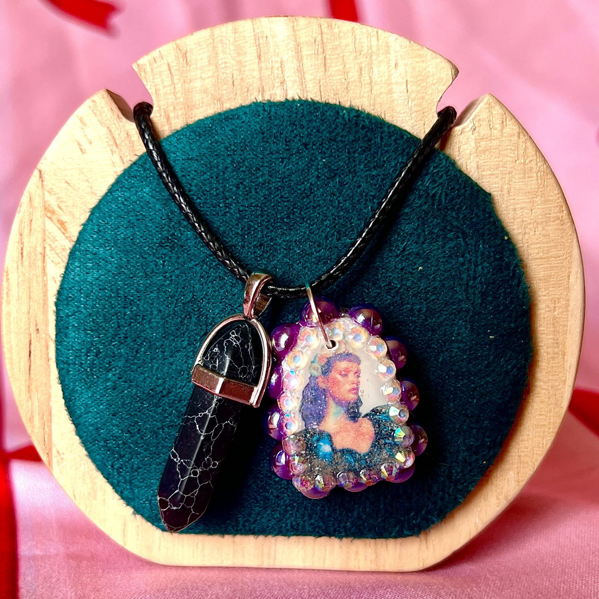 Yearning Princess necklace — dark romance handmade polymer clay princess charm bedazzled with iridescent pearls + rhinestones and finished with dramatic black crystal accent. Gift-ready Victorian-patterned box. Goth fairycore whimsigoth Y2K statement charm necklace; ready to ship in 1–3 days.