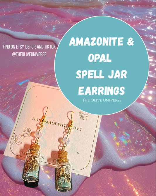 Strength & Protection Amazonite and Opal Spell Jar Handcrafted Earrings