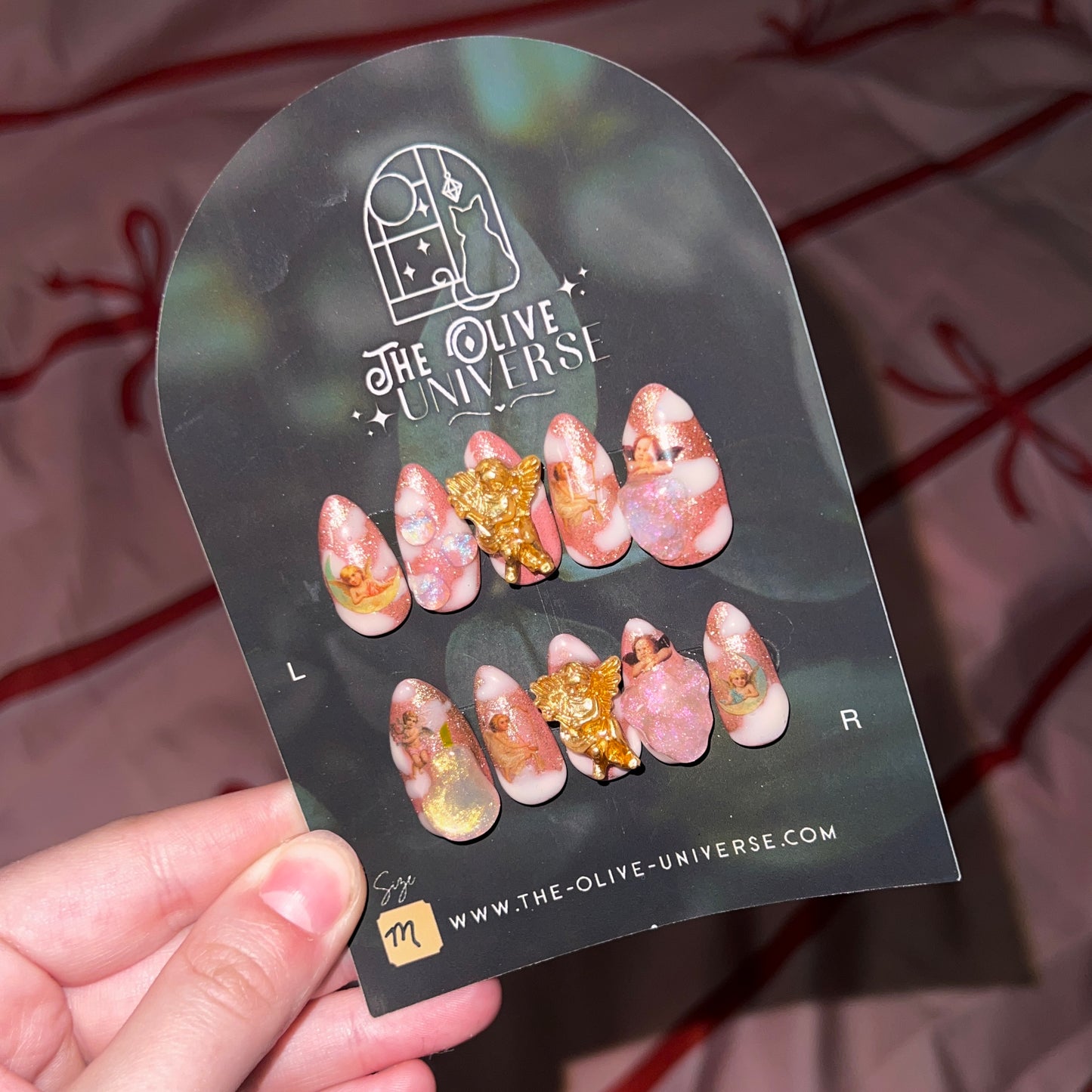 Ambrosia Fruit Press-On Nails | Hand Painted Nails | Iridescent 3D Gel | Pink Shimmer | Angel Charm | One of One | Size Medium