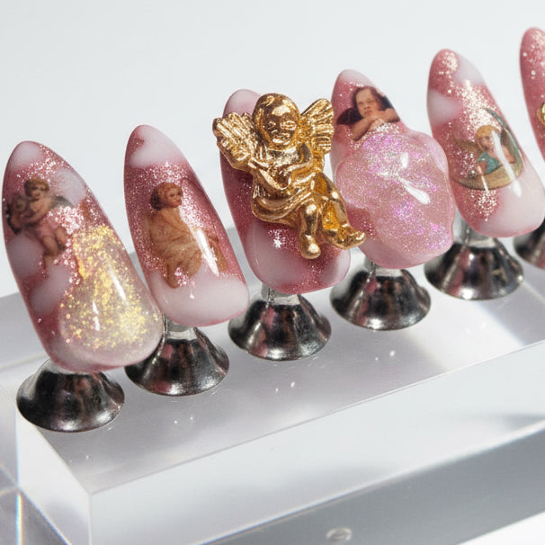 Ambrosia Fruit Press-On Nails | Hand Painted Nails | Iridescent 3D Gel | Pink Shimmer | Angel Charm | One of One | Size Medium