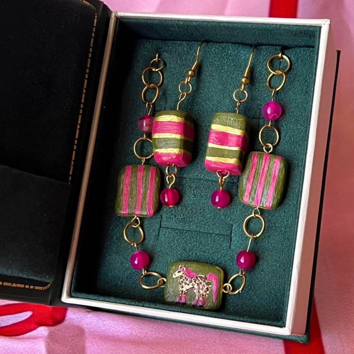 Cheetah Print Pink Pony Bracelet Set | Gold Plated Charm Bracelet | Pink Agate Beads | Handmade Clay Earrings | Toycore Maximalist Jewelry