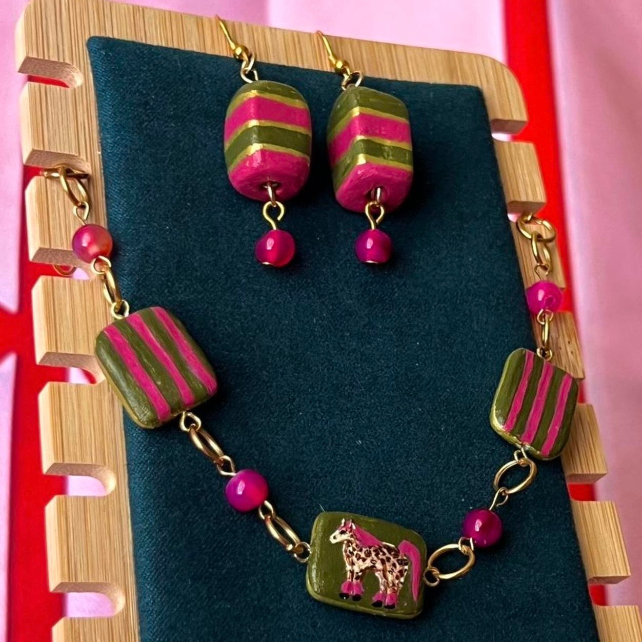 Cheetah Print Pink Pony Bracelet Set | Gold Plated Charm Bracelet | Pink Agate Beads | Handmade Clay Earrings | Toycore Maximalist Jewelry