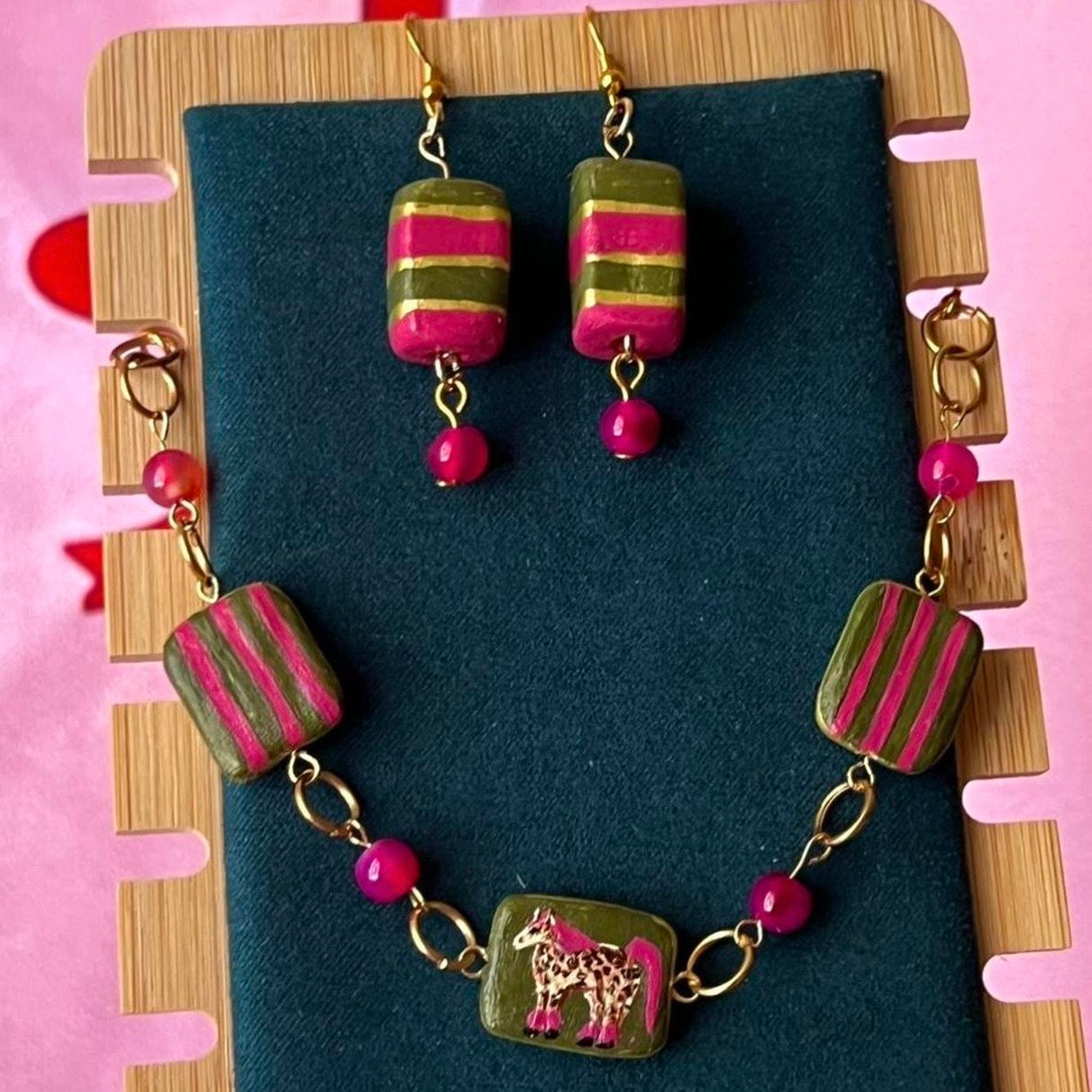 Cheetah Print Pink Pony Bracelet Set | Gold Plated Charm Bracelet | Pink Agate Beads | Handmade Clay Earrings | Toycore Maximalist Jewelry
