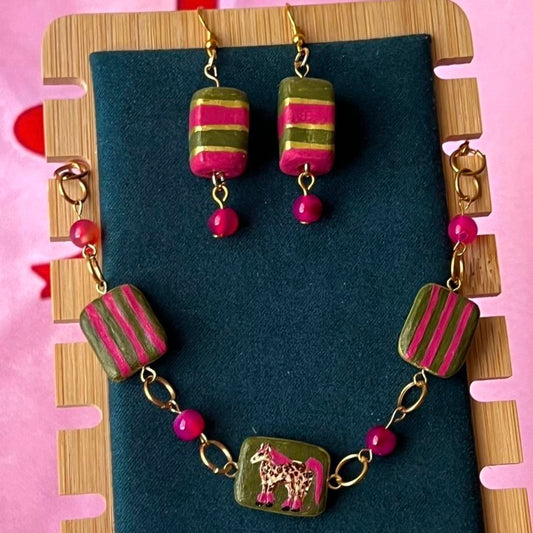 Cheetah Print Pink Pony Bracelet Set | Gold Plated Charm Bracelet | Pink Agate Beads | Handmade Clay Earrings | Toycore Maximalist Jewelry