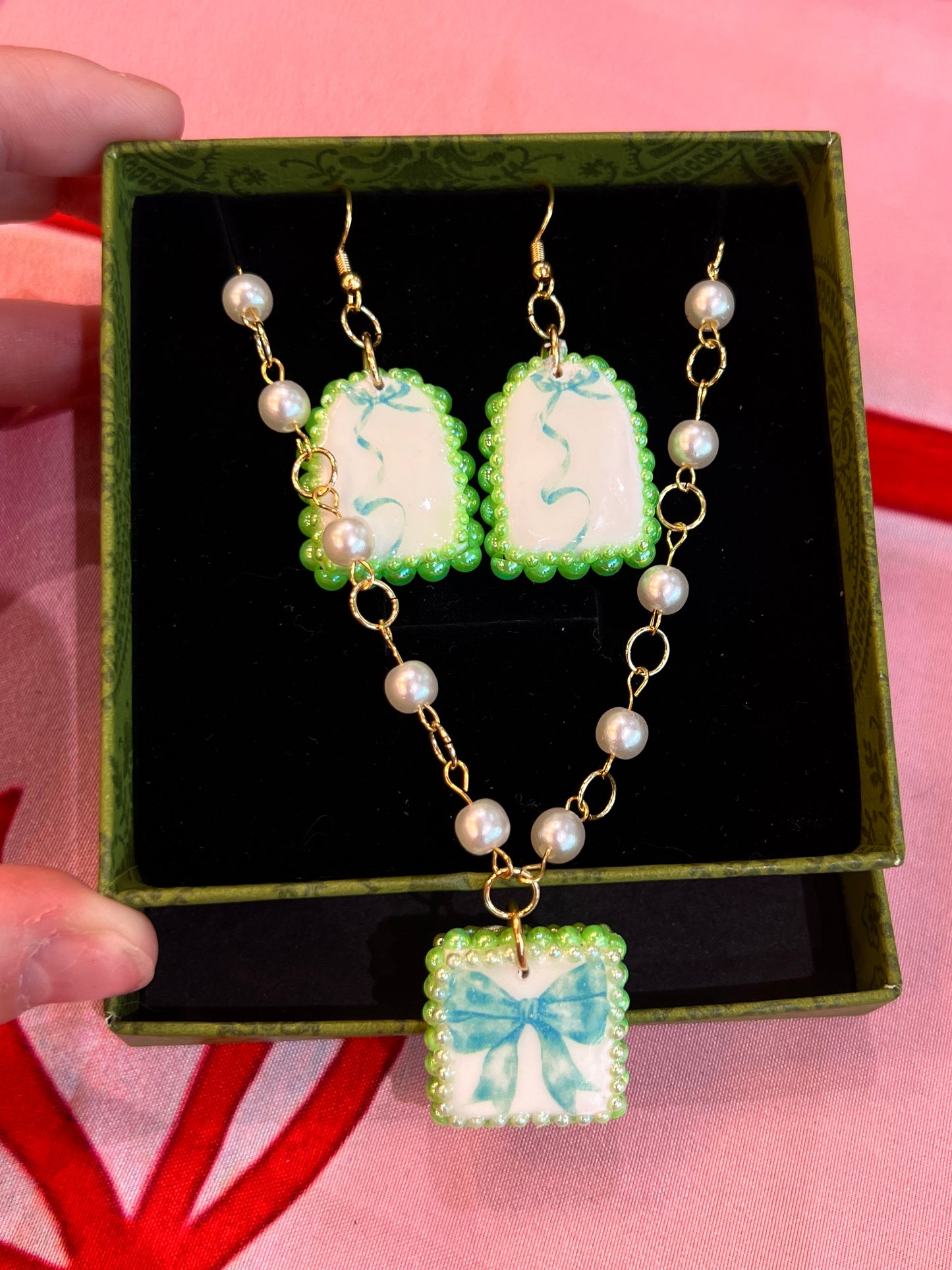 Coquette Green Bow Arch Earrings | Bedazzled Polymer Charm Earrings | Cute Feminine Statement Earrings | Gold Plated Findings