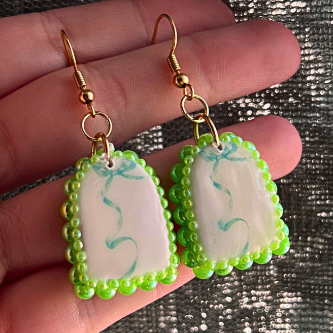 Coquette Green Bow Arch Earrings | Bedazzled Polymer Charm Earrings | Cute Feminine Statement Earrings | Gold Plated Findings